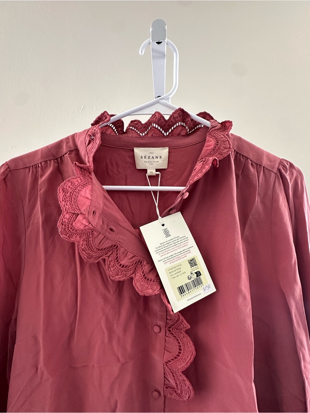 Sezane Silk Rose-Pink Ruffled Button-Front Blouse - Picture 6 of 8